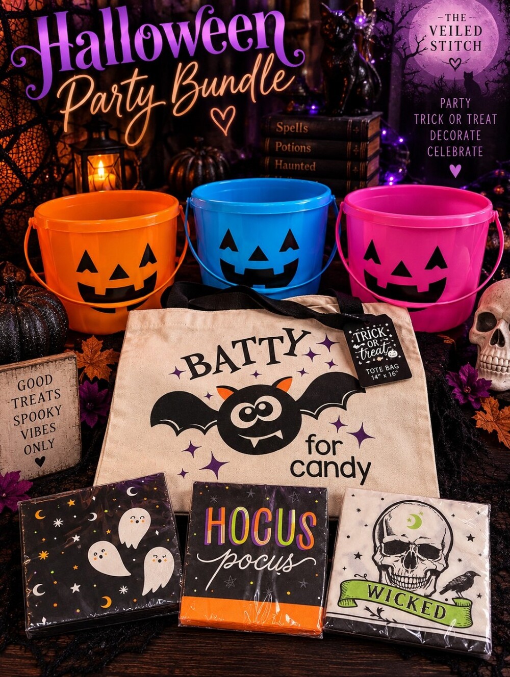 Halloween Party Bundle Trick or Treat Totes Buckets Napkins NWT 7 Pc
